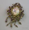 Antique Bohemian Painted Enamel Purple Glass and Pearl BroochPendant