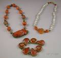 Two Asian Carved Chalcedony and Silver Necklaces and a Bracelet