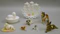 Seven Dog Figural Items and a Milk Glass Cat Plate