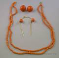 Pair of 14kt Gold Coral Button Earclips a 14kt Gold and Coral Double Stickpin and a DoubleStrand Coral Bead Necklace