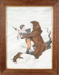 American watercolor and gouache illustration of a man wrestling with a bear