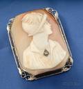Art Deco 14kt White Gold Shell Cameo and Diamond PendantBrooch