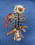14kt Gold Ruby Sapphire and Diamond Bird Brooch