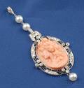 Art Deco Platinum Coral Cameo Cultured Pearl and Diamond Pendant