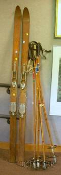 Vintage Wooden Skis and Eight Ski Poles