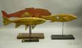 Redpainted Cut Sheet Iron Fish Weather Vane and Two Carved Wooden Fish Figures