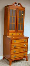 Diminutive Federalstyle Glazed Inlaid Mahogany and Mahogany Veneer Twopart Writing DeskBookcase