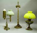 Brass Student Lamp with Cased Pale Green Glass Shade an AJ Tuck Co Ringturned Bronze Table Lamp and a Bra