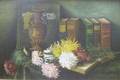 Framed 19th Century American School Oil on Canvas Still Life of Flowers and Books