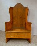 Country Pine Wing Chair with Storage Drawer