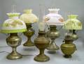 Six Brass and Nickel Plated Kerosene Table Lamps with Four Handpainted and Decorated Glass Shades