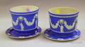 Pair of Wedgwood Dark Blue Jasper Dip Jardinieres with Underplates