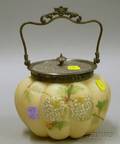 Mount Washington Silver Plate Mounted Enamel Floral Decorated Melonform Cracker Jar