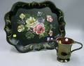 Handpainted Floral Decorated Tole Tray and an English Copper Lustre TwoHandled Cup