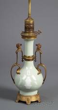 Egyptian Revival Giltmetal Mounted Patesurpate Decorated Celadon Glazed Porcelain Vase Table Lamp