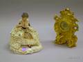 European Porcelain Figure of a Lady and a Small New Haven Rococostyle Gilt Cast Metal Mantel Clock