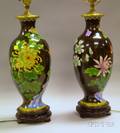 Pair of Asian Cloisonne Chrysanthemum Vase Table Lamps