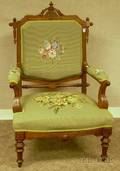 Victorian Renaissance Revival Needlepoint Upholstered Carved Walnut Parlor Armchair