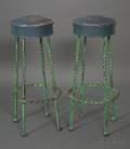 Pair of French Blue Leather Upholstered Painted Wrought Iron Stools