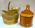 Brassbound Oak Demilune Wall Box and a Brass Helmetform Coal Scuttle