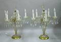 Pair of Colorless Frosted Cut Glass FiveArm Candelabra with Prisms