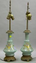 Pair of Renaissance Revival Cast Metal Mounted Enamel Decorated Bristol Glass Vase Table Lamps