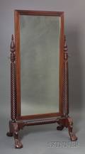 Georgianstyle Carved and Inlaid Mahogany Cheval Mirror with Paw Feet