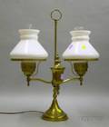Brass Double Student Lamp with a Pair of Milk Glass Shades