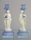 Pair of Wedgwood Light Blue and White Jasper Figural Candlesticks