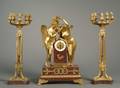 Threepiece French Louis XVI Style Bronze and Rouge Marble Clock Garniture