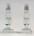 Pair of Continental Enamel Decorated Colorless Cut Glass Obelisks