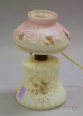 Miniature Victorian Opaque Molded Glass and Transfer Floral Decorated Kerosene Lamp