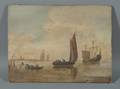 Dutch School 19th Century Tranquil Harbor View with Ship and Coastal Craft