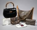 Louis Vuitton Monogram Handbag and Wallet and a Gucci Black Patent Leather Bamboo Handled Handbag a Brown Leat