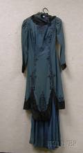 Edwardian Blue Wool Cord Velvet and Lace Embellished Dress