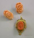 Pair of Carved Angelskin Coral Earrings and a Yellow Gold Fancy Engraved ColletSet Coral Cameo BroochPedant
