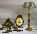 Victorian Oval Carved Walnut Frame Three Ornamental Carvings and a Polychrome Wooden Candlestick Table Lamp