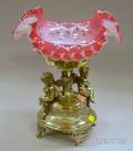 Meriden Victorian Silver Plated Cherub Figural Pedestal with Enamel Decorated Pink and White Ruffled Bowle