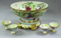 Handpainted Grapevine Decorated Limoges Porcelain Punch Bowl on Stand with a Set of Four Footed Cups