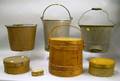 Three Metal and Copper Buckets Two Wooden Pantry Boxes a Miniature Oval Wooden Covered Box and a Firkin