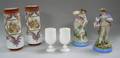 Pair of Handpainted Cherub Decorated Bristol Glass Vases a Pair of Bisque Figures and a Pair of Opaque Glass Goblets