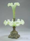 Victorian Cast Metal Mounted Pale Green and Opalescent Glass Epergne