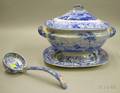 English Blue and White Transfer View of Oxford Decorated Staffordshire Covered Tureen with Ladle