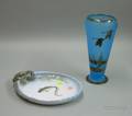 Royal Copenhagen Sea Life Decorated Figural Porcelain Tray and a Rockwell Silver Overlay Blue Frosted Glass Vase
