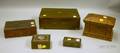Tiffany Studios Patinated Bronze and Slag Glass Stamp Box and Four Assorted Wooden Boxes