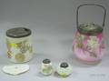 Victorian Art Glass Bead Encrusted Cracker Jar Silver Plate Mounted Cracker Jar and Two Enamel Decorated Shakers
