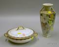 Nippon Handpainted Floral Decorated Porcelain Vase and a Limoges Porcelain Covered Vegetable Dish