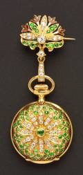 Edwardian Ladys 18kt Gold Demantoid Garnet Enamel and Diamond Pendant Watch Tiffany  Co