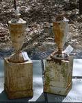 Pair of White Painted Cast Iron Urns on Pedestals