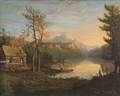 American School 19th Century Hudson River Valley Landscape with Log Cabin and Figures